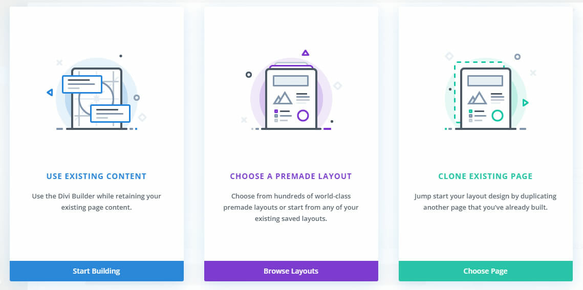 Divi page a builder keeps prompting to use existing content, choose premade content, or clone an existing page