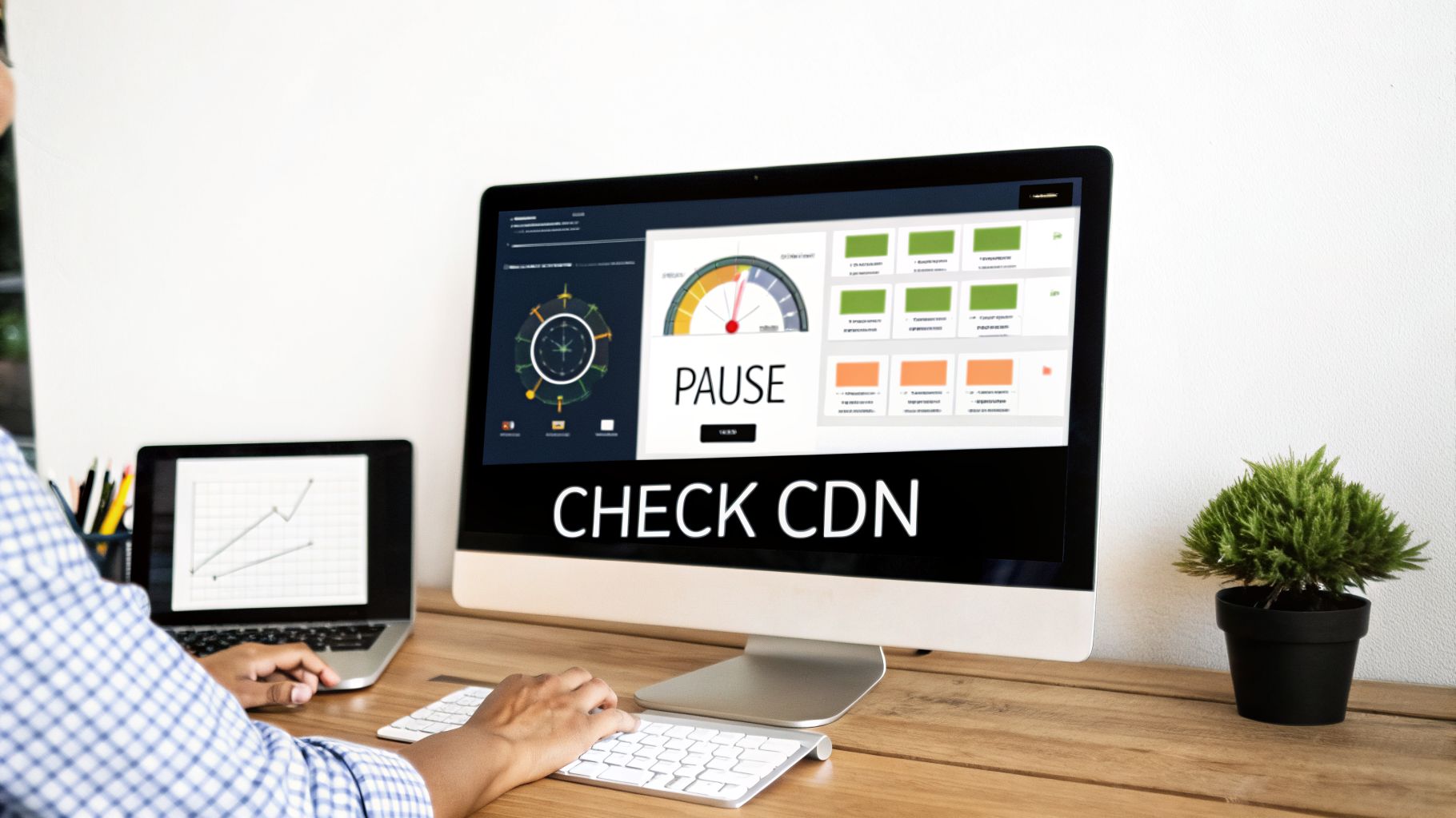 Person analyzing data and "CHECK CDN" status on a monitor, with a laptop displaying graphs on a wooden desk.