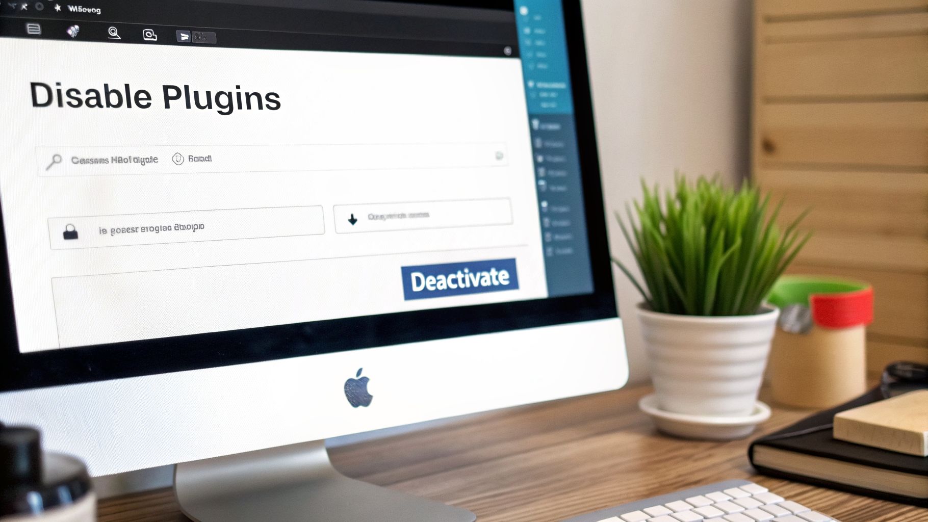 A computer monitor displays 'Disable Plugins' screen with a 'Deactivate' button on a wooden desk.