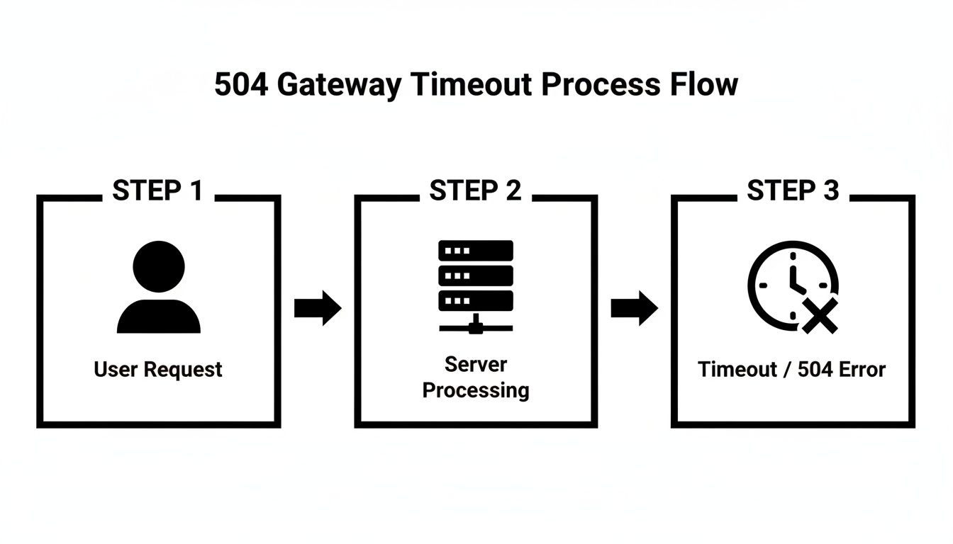 Flowchart illustrating the 504 Gateway Timeout process, showing user request, server processing, and the final timeout error.