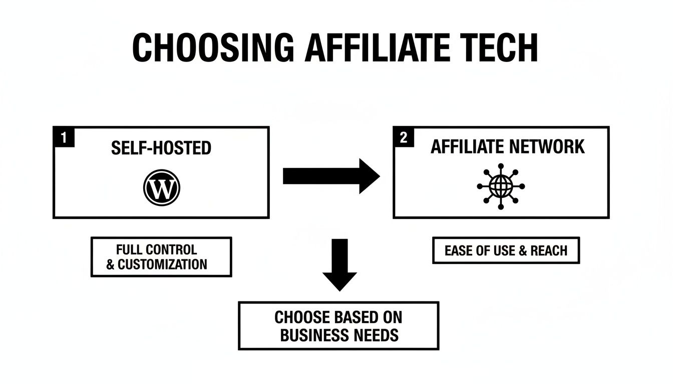 Flowchart illustrating the choice between self-hosted affiliate solutions and affiliate networks based on business needs.