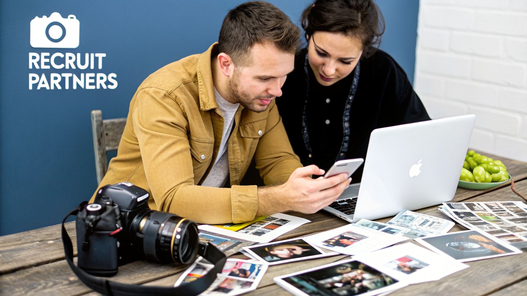 Two photographers collaborating, reviewing images on a smartphone and laptop at a rustic table.