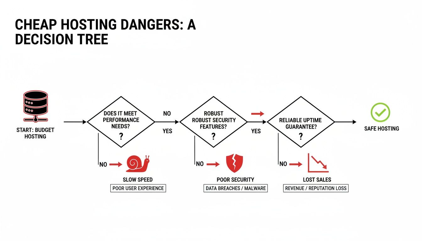 A decision tree illustrating the dangers and outcomes of choosing cheap hosting regarding performance, security, and uptime.
