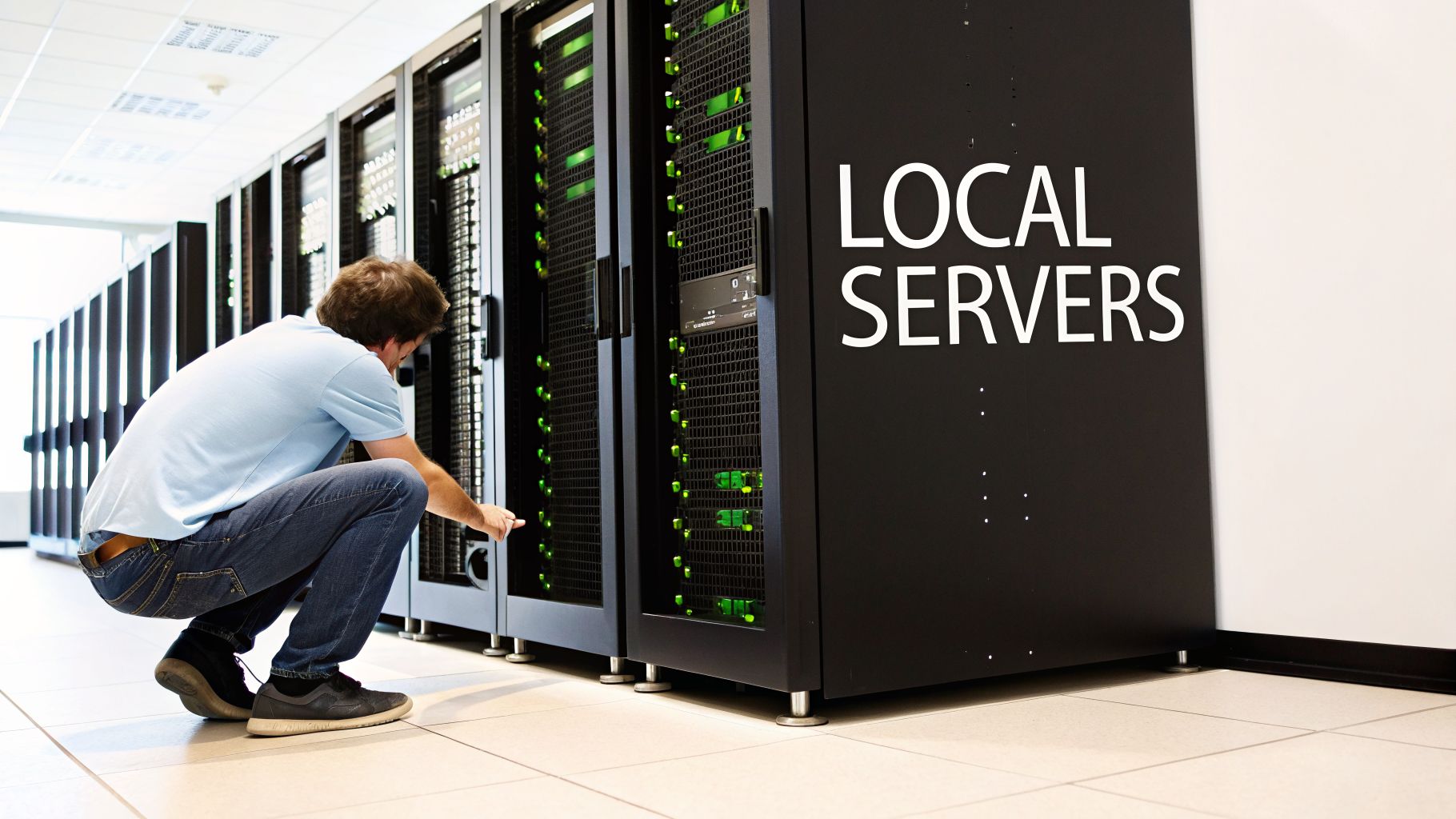A technician works on a server rack in a modern data center with glowing green lights.