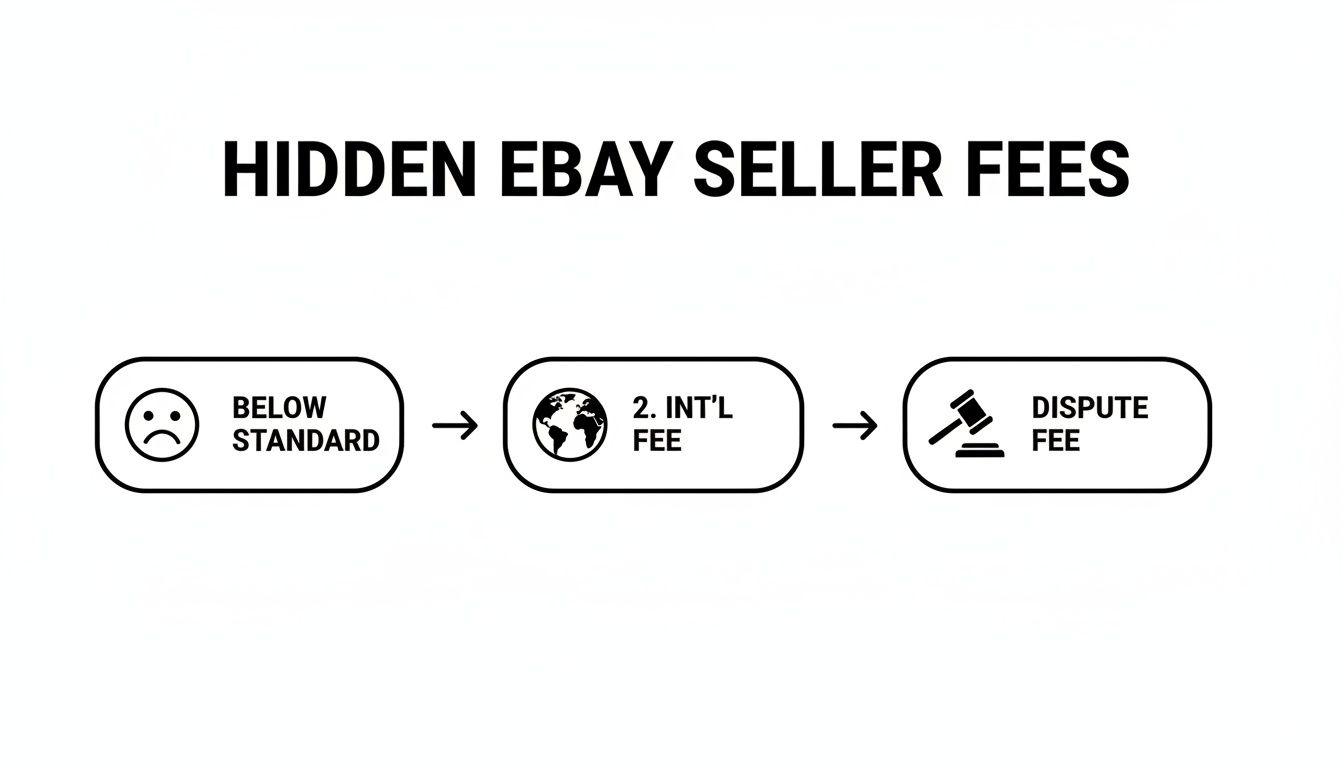Flowchart illustrating hidden eBay seller fees: below standard, international, and dispute charges.