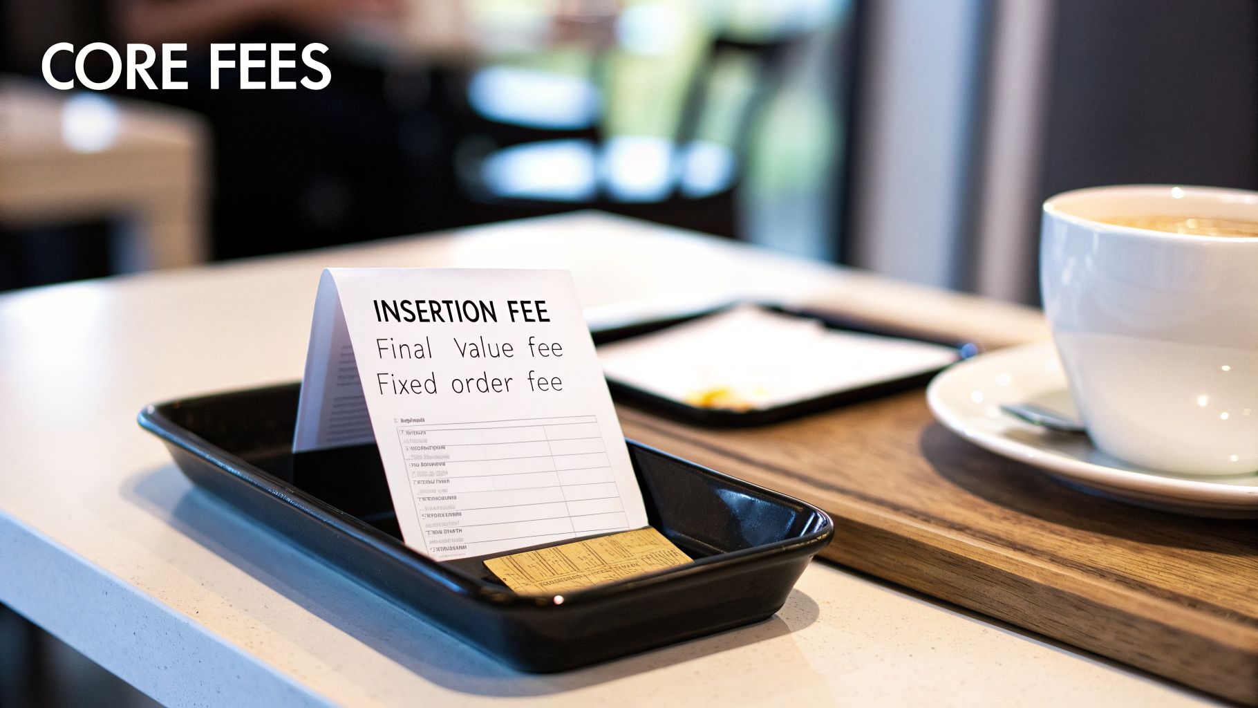 Paper listing 'CORE FEES' with 'Insertion Fee,' 'Final Value Fee,' and 'Fixed Order Fee' on a table with coffee.