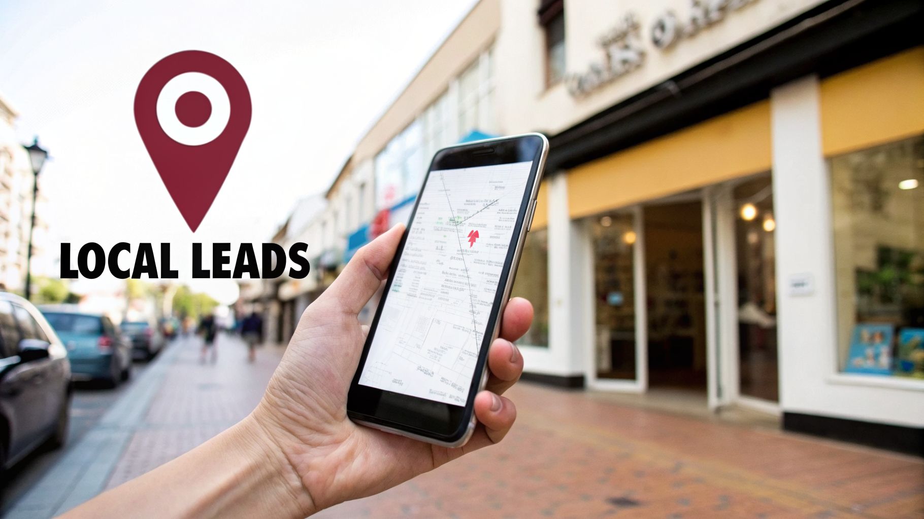 Hand holding a smartphone displaying a map with a location pin, promoting local leads.