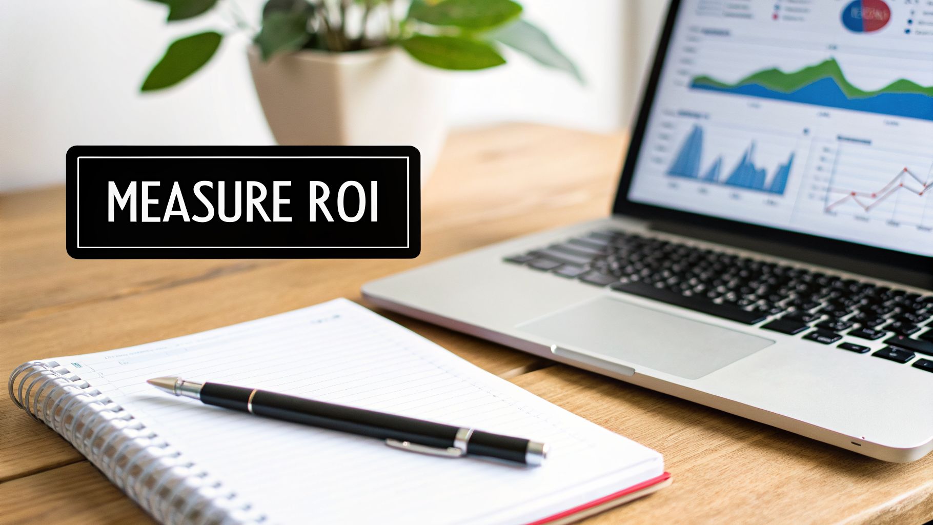 A laptop displays data analytics charts next to a notebook, pen, and a sign reading 'MEASURE ROI' on a wooden desk.
