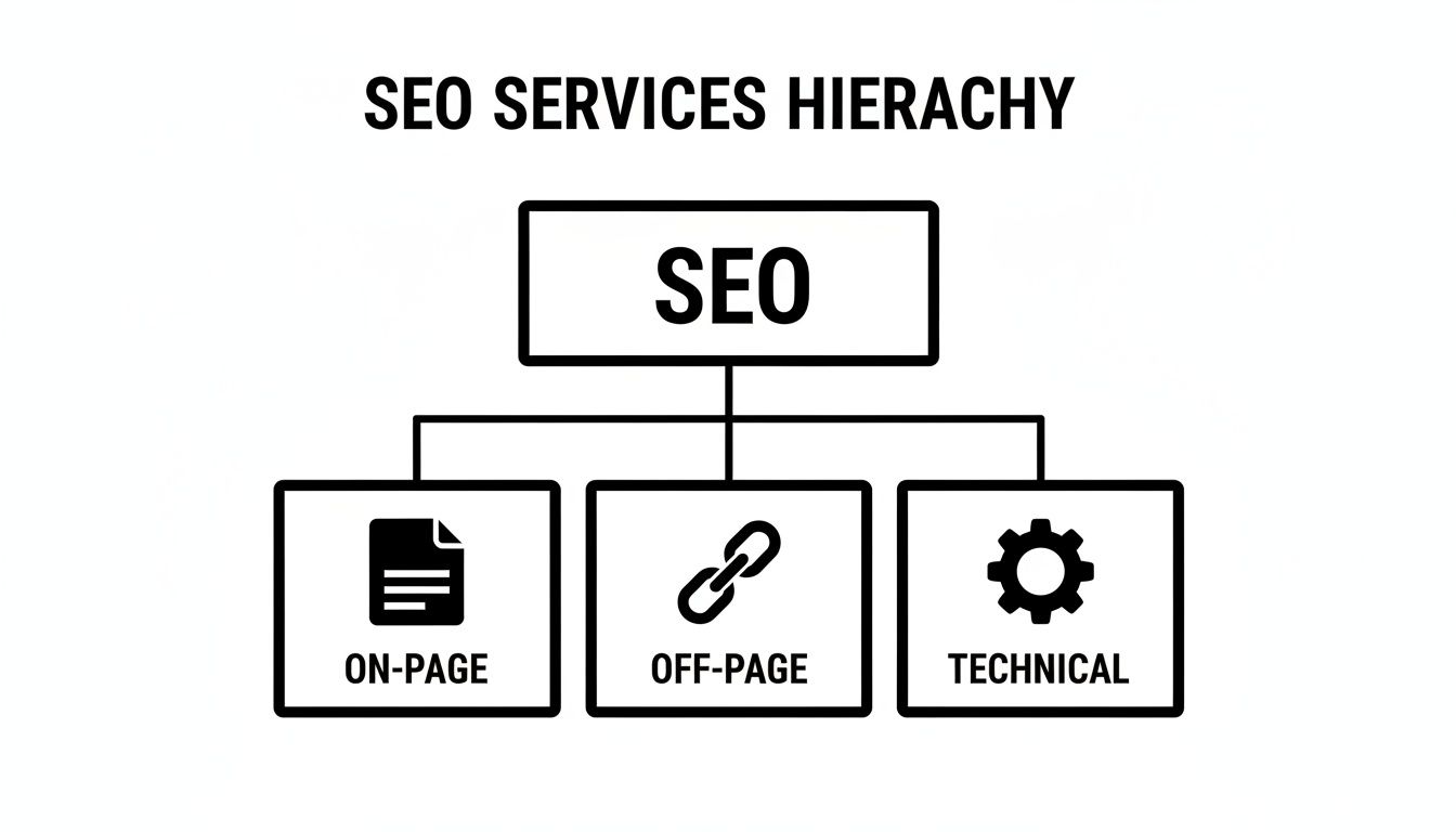 A clear diagram illustrating the SEO services hierarchy, broken down into On-Page, Off-Page, and Technical categories.
