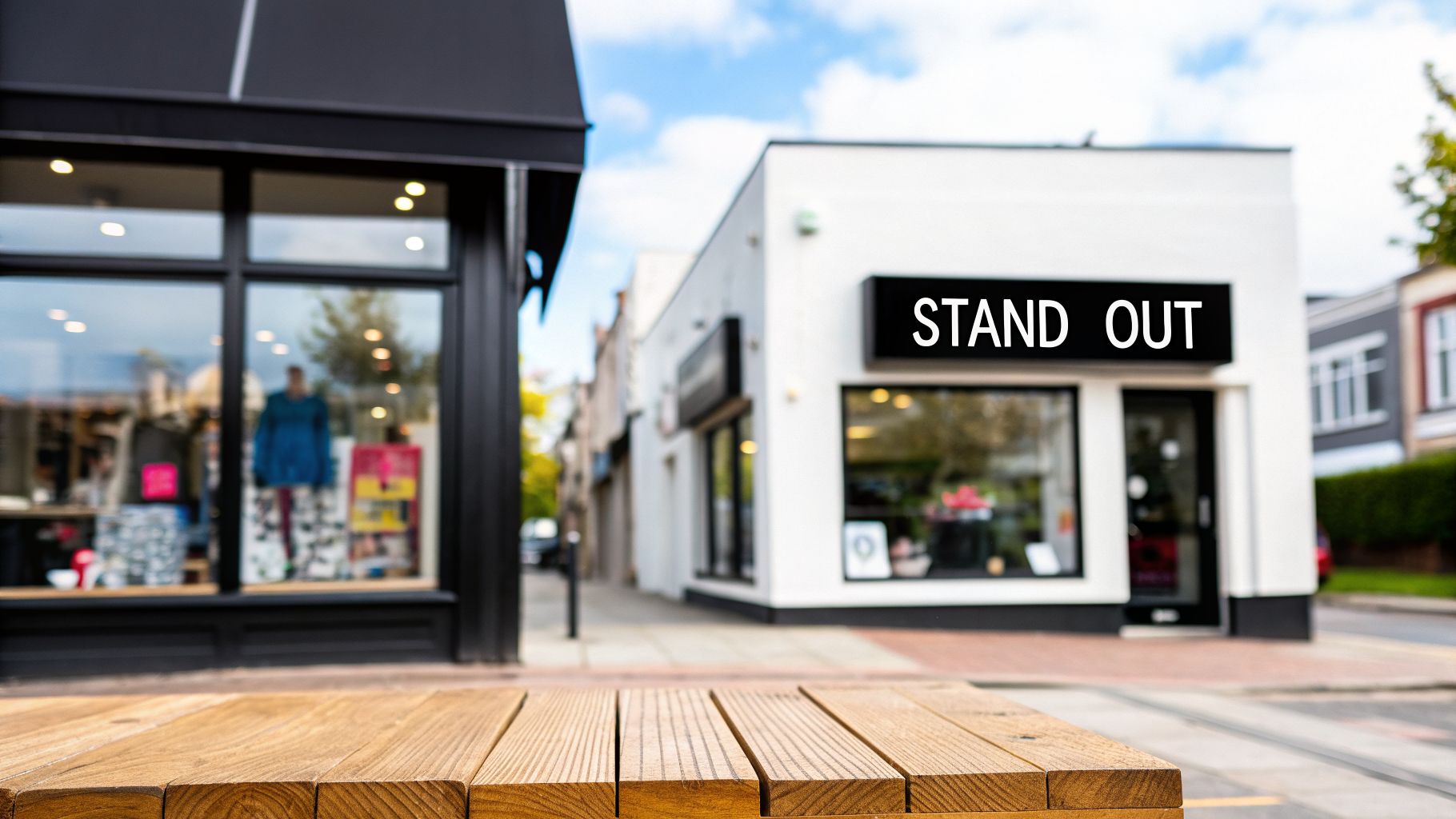 A wooden table in front of two shops on a street, one with a 'STAND OUT' sign.