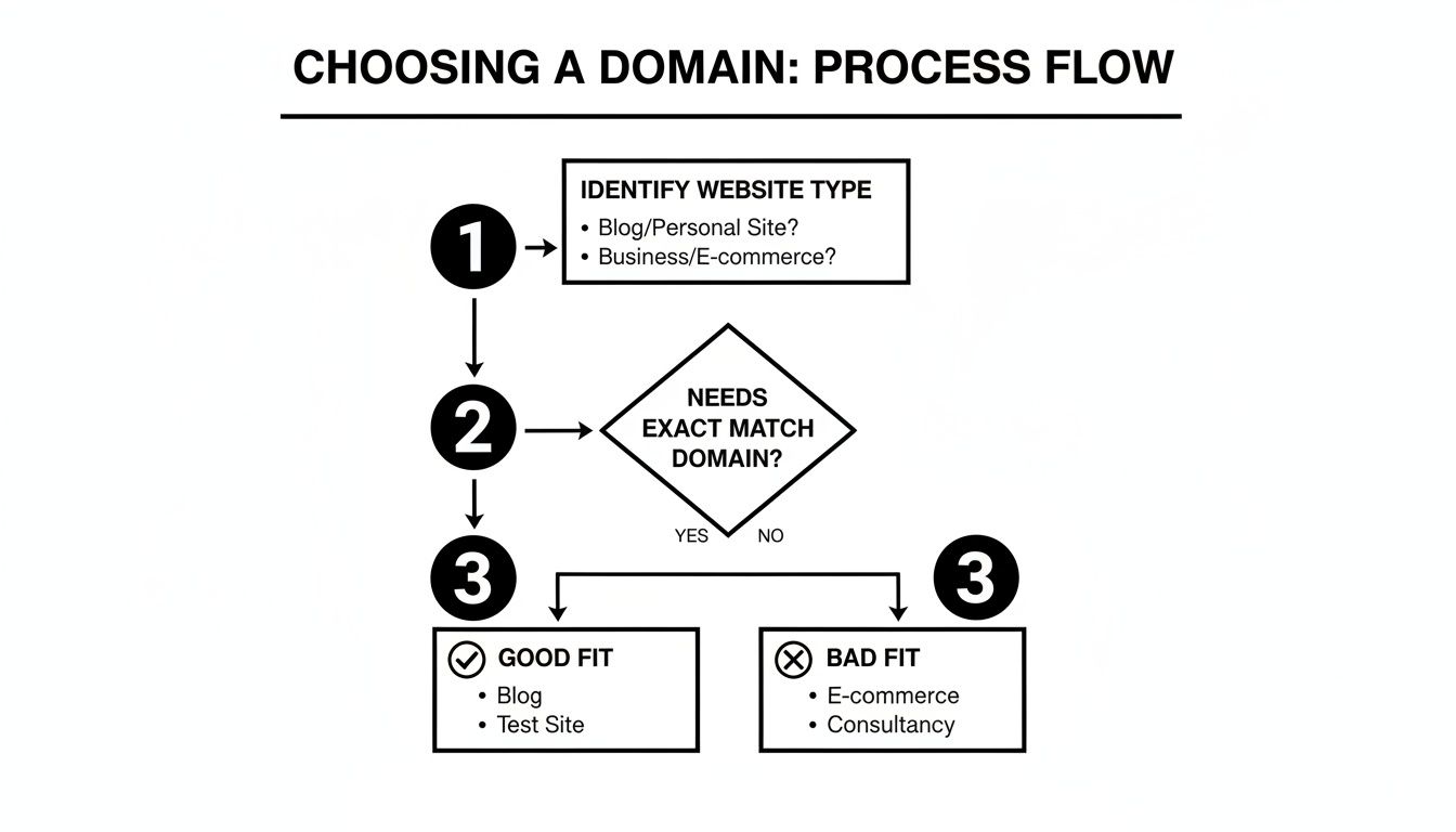Flowchart illustrating the process of choosing a domain name based on website type and exact match needs.