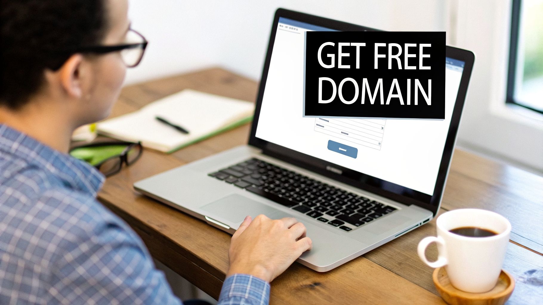 A person with glasses is using a laptop showing 'GET FREE DOMAIN' text on its screen.
