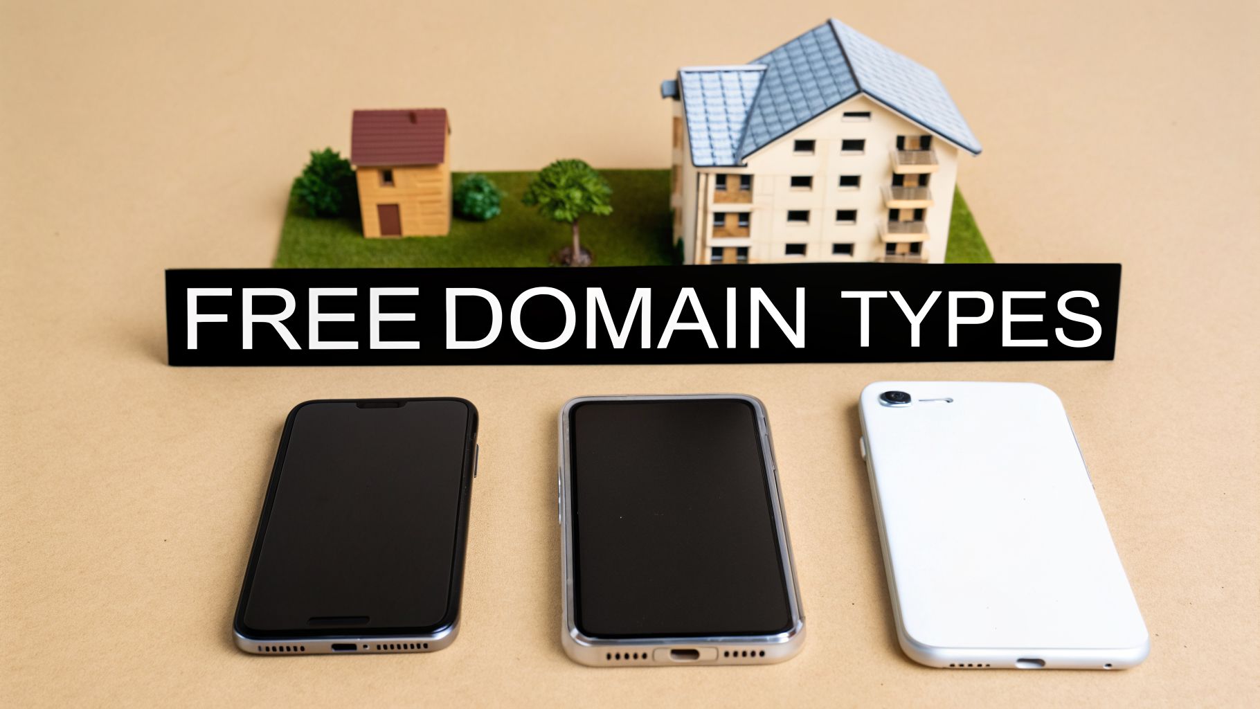 A sign displaying 'FREE DOMAIN TYPES' with miniature houses and three smartphones on a table.