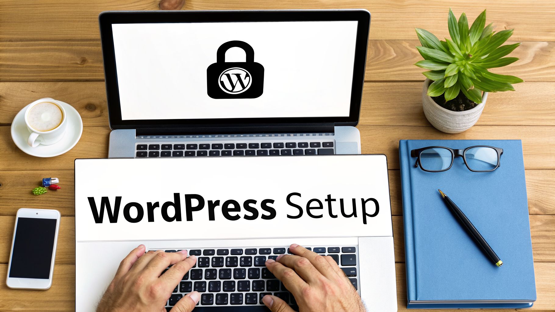 Hands typing on a laptop with 'WordPress Setup' on screen and WordPress lock icon, on a wooden desk.