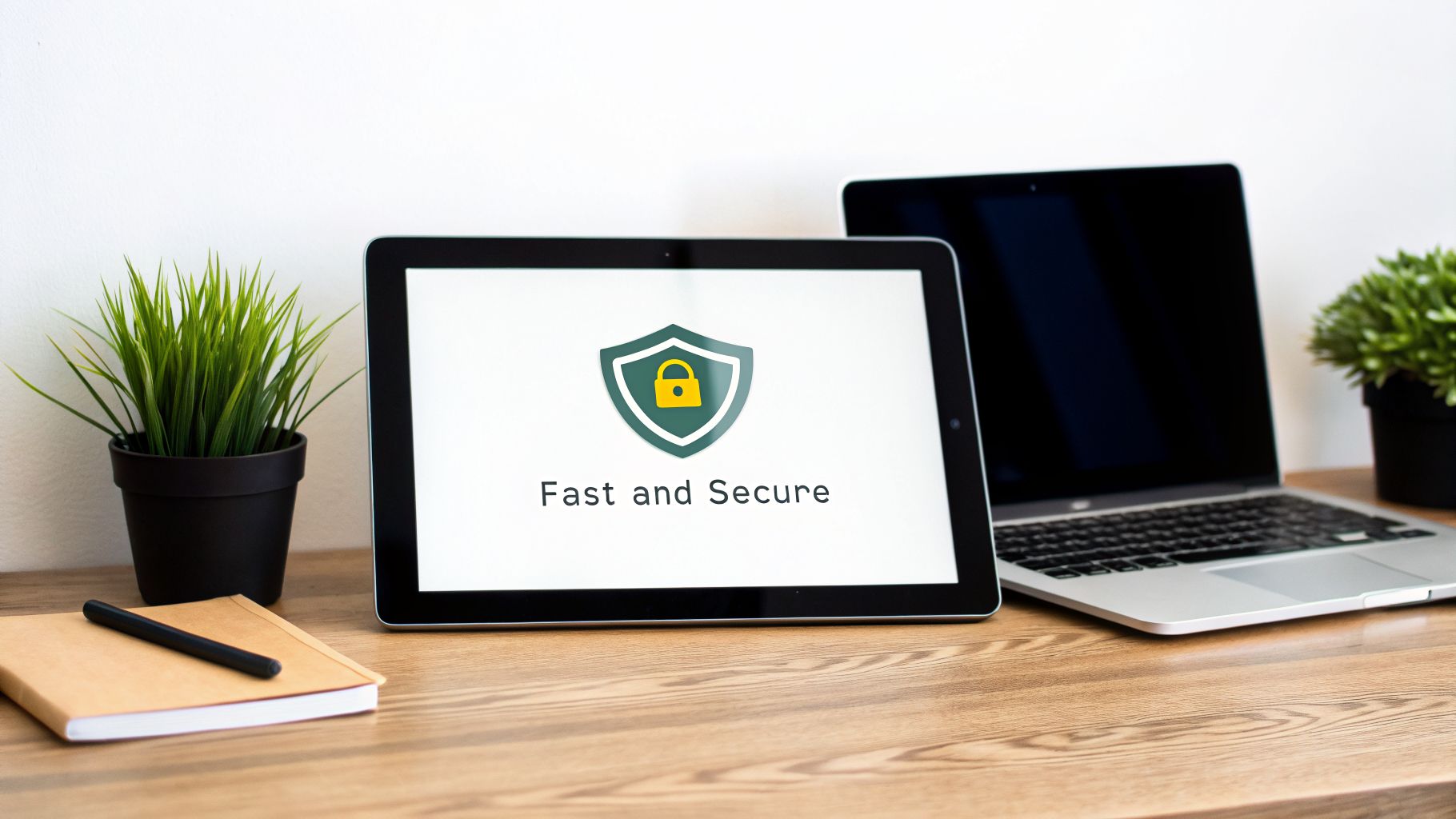 A tablet displays "Fast and Secure" with a shield and lock icon, next to a laptop and a plant on a desk.