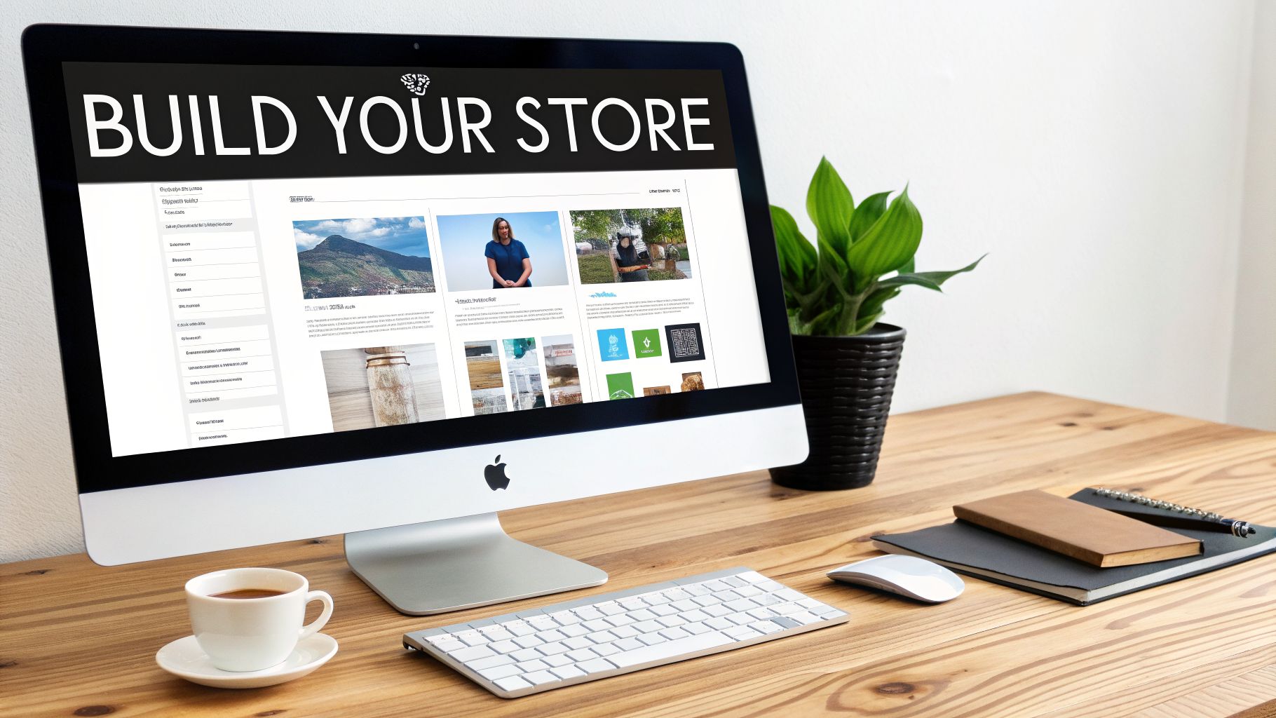 A modern desktop computer displaying 'Build Your Store' on a website, with a coffee, keyboard, and plant on a wooden desk.