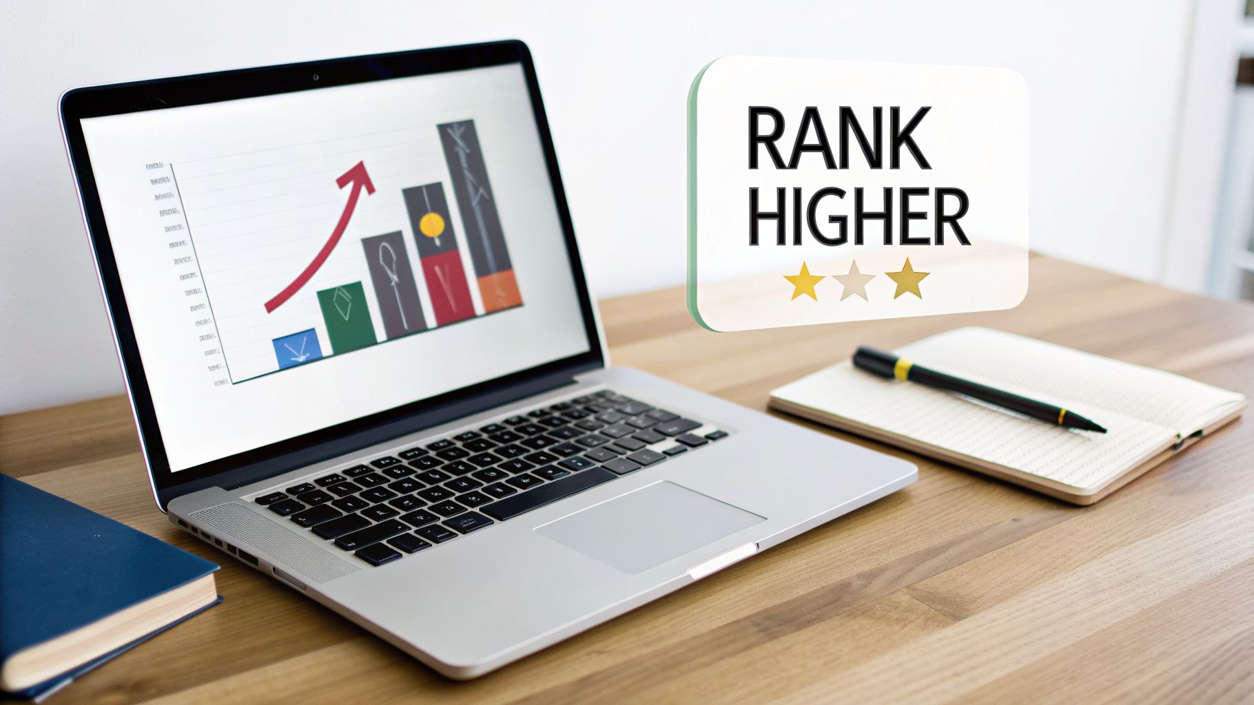 Laptop displaying a growth chart, next to a 'RANK HIGHER' icon with two golden stars, on a wooden desk.
