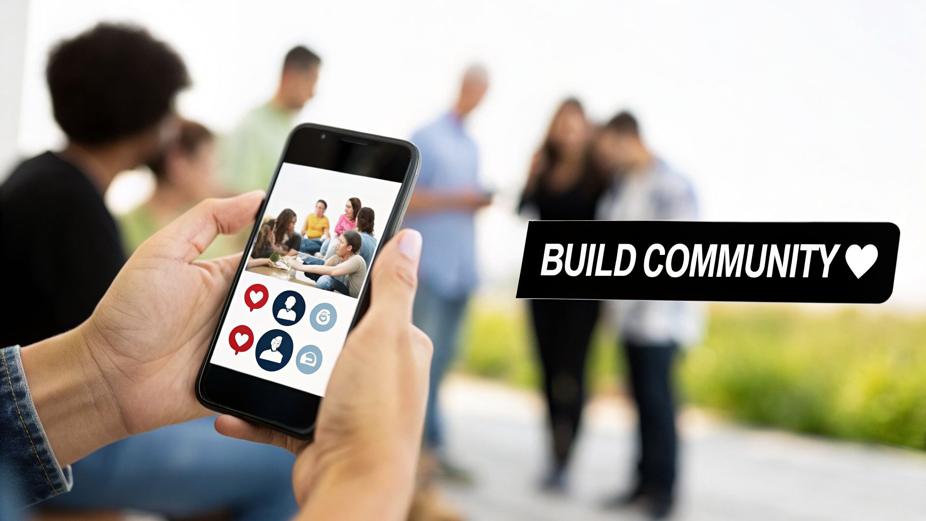 Person's hands holding a smartphone displaying social media icons and a group. Blurred people in background, text 'BUILD COMMUNITY'.