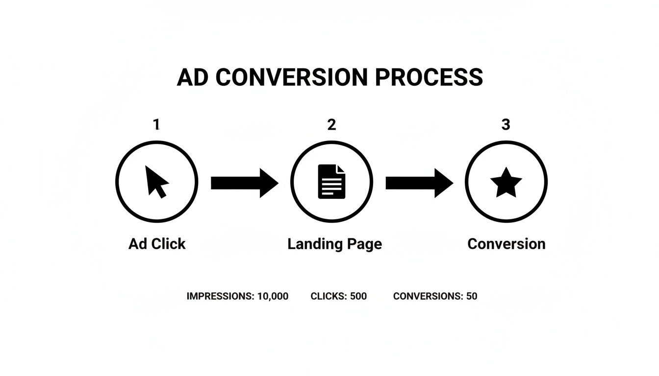 Diagram showing ad conversion process from click to landing page and conversion, with key metrics.