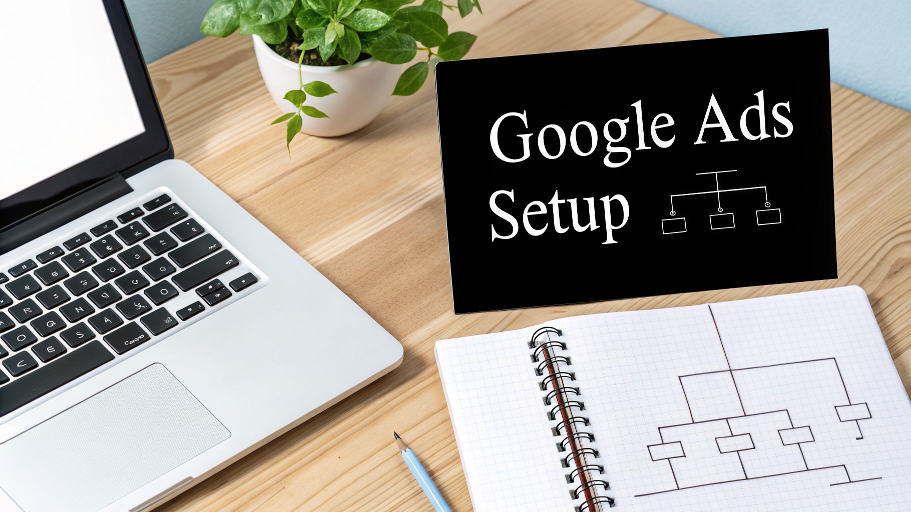 Desk with laptop, plant, and a 'Google Ads Setup' sign. A notebook displays a matching flowchart diagram.