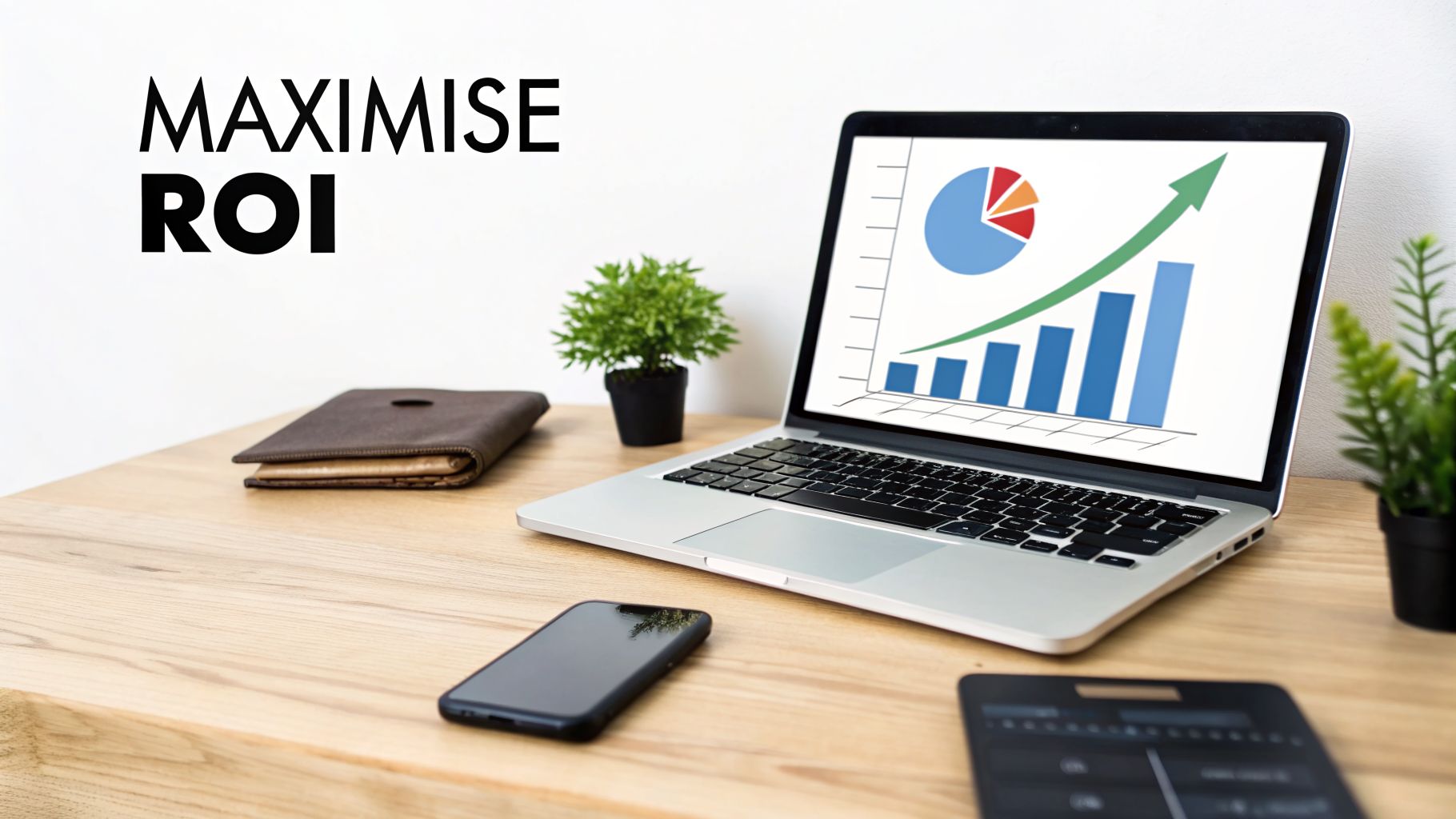 A desk with a laptop displaying a growth chart, a smartphone, and text 'MAXIMISE ROI'.