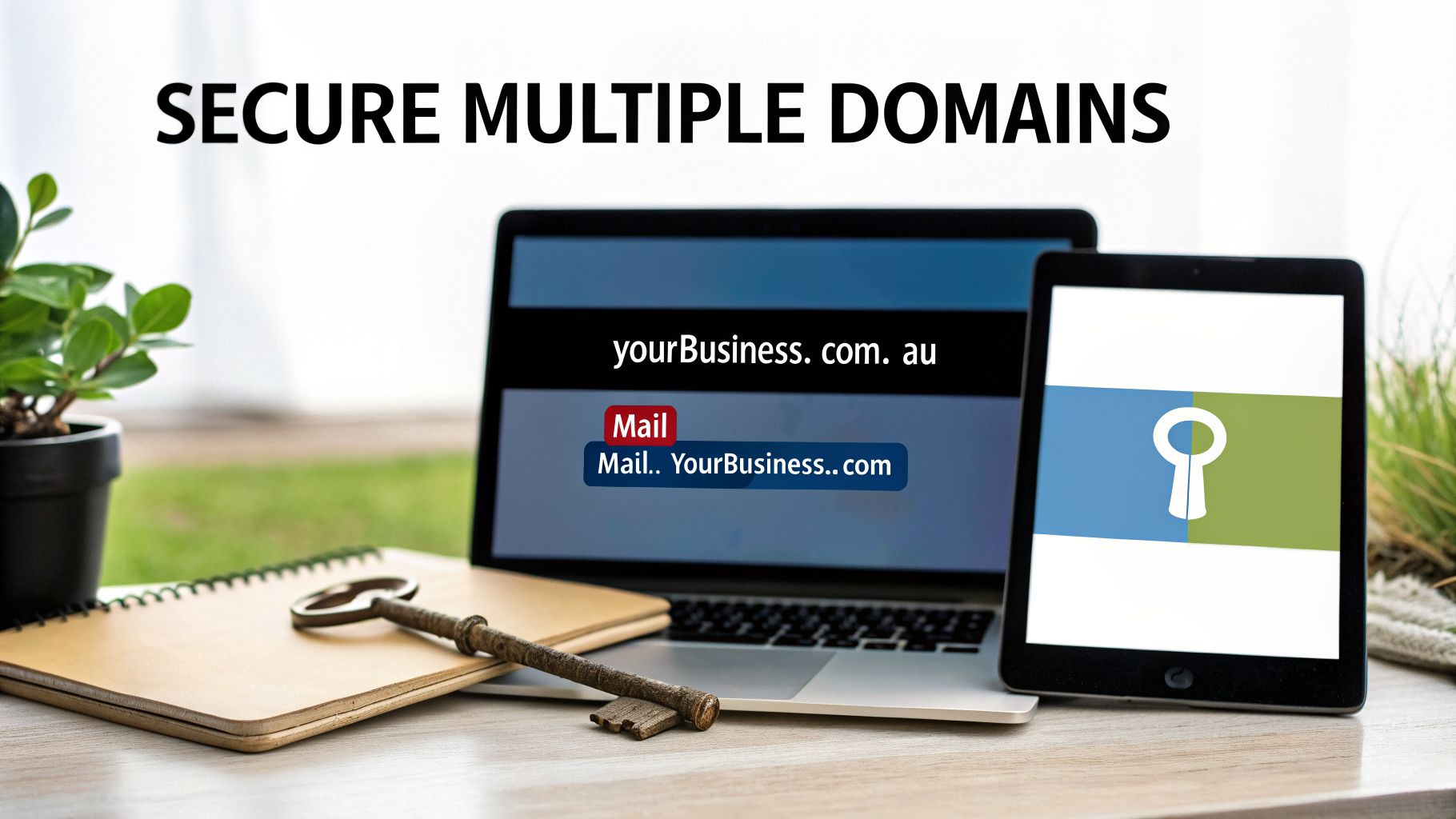 Laptop and tablet displaying domains and a keyhole, with a key on a notebook, illustrating secure multiple domains.