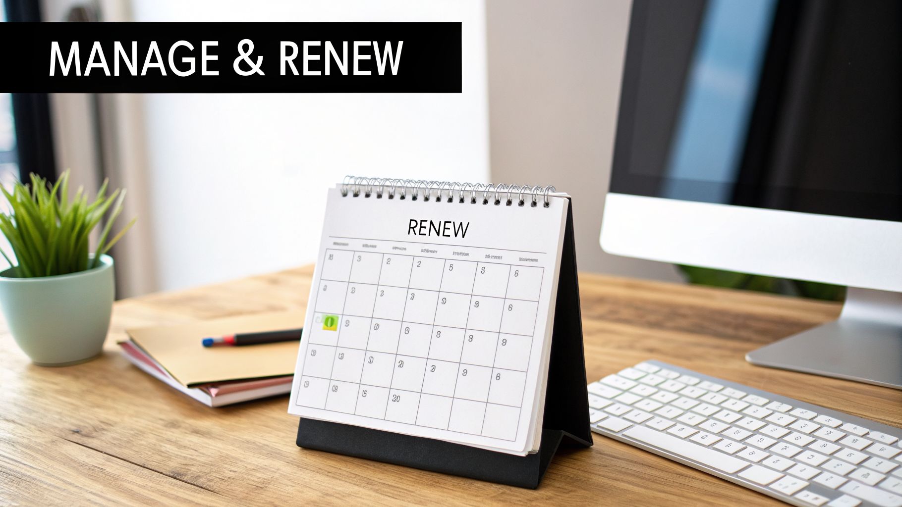 Desk setup with a 'RENEW' calendar, computer, keyboard, and plant, illustrating managing renewals.