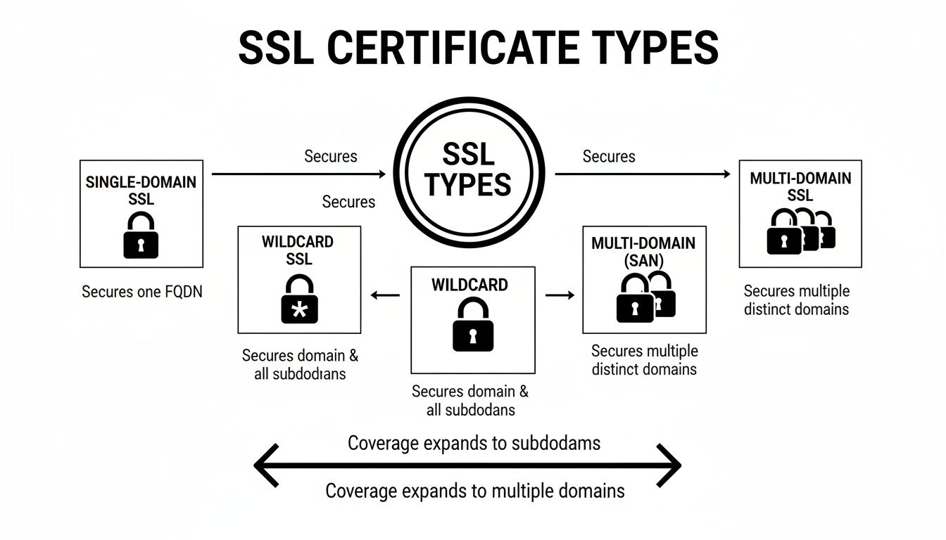 Diagram illustrating different SSL certificate types, including single-domain, wildcard, and multi-domain (SAN).