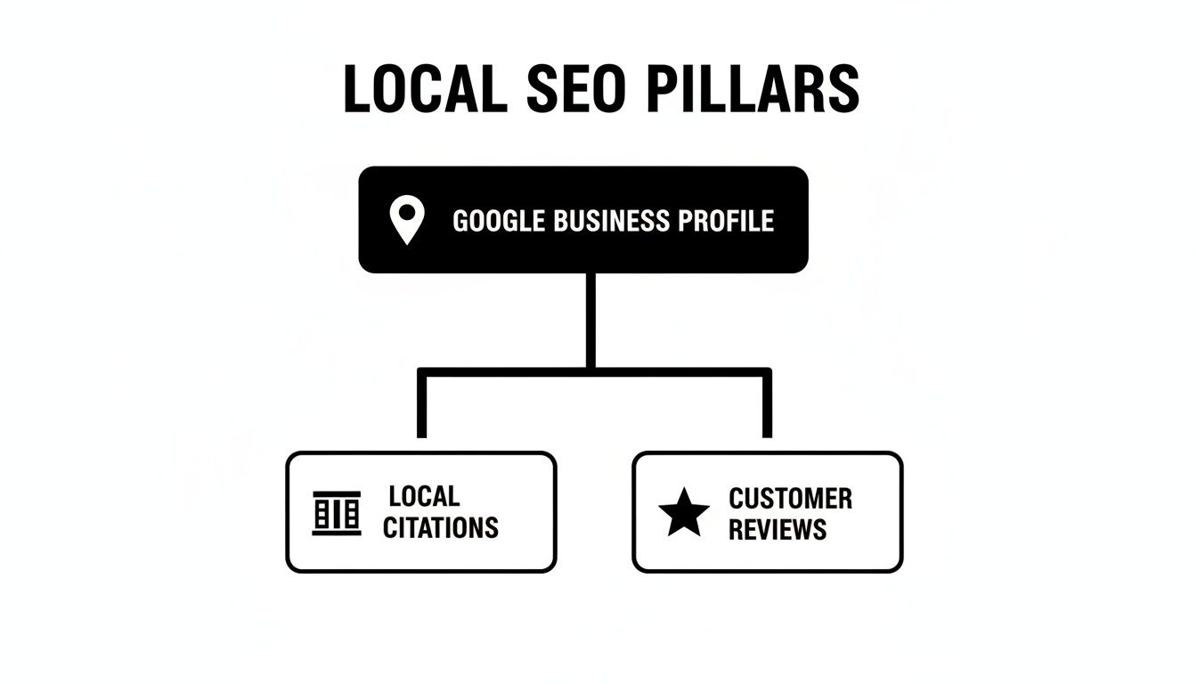 A diagram illustrating the Local SEO Pillars, including Google Business Profile, Local Citations, and Customer Reviews.
