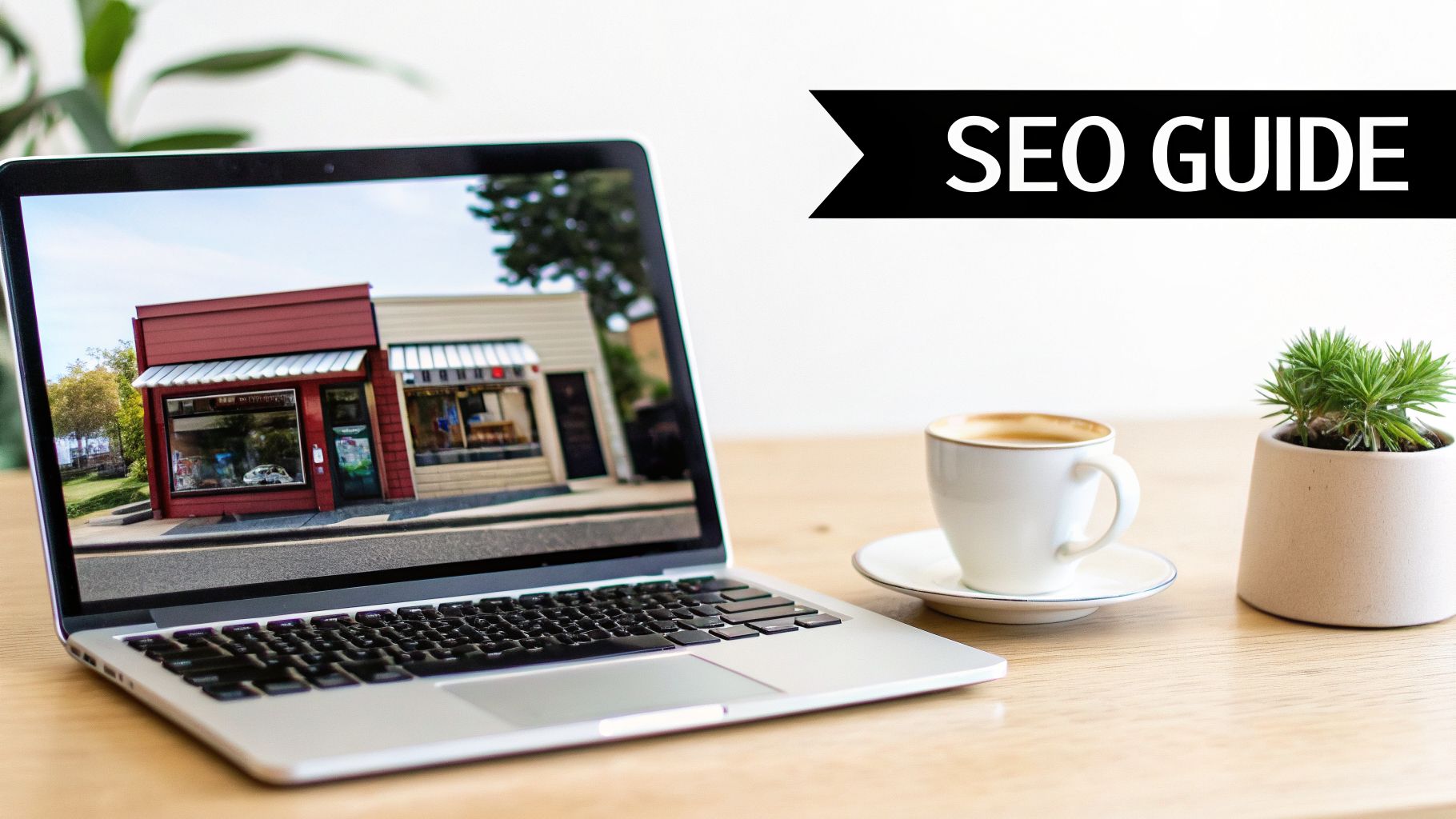 Laptop showing small business storefronts, with coffee and plant, next to an SEO GUIDE banner.