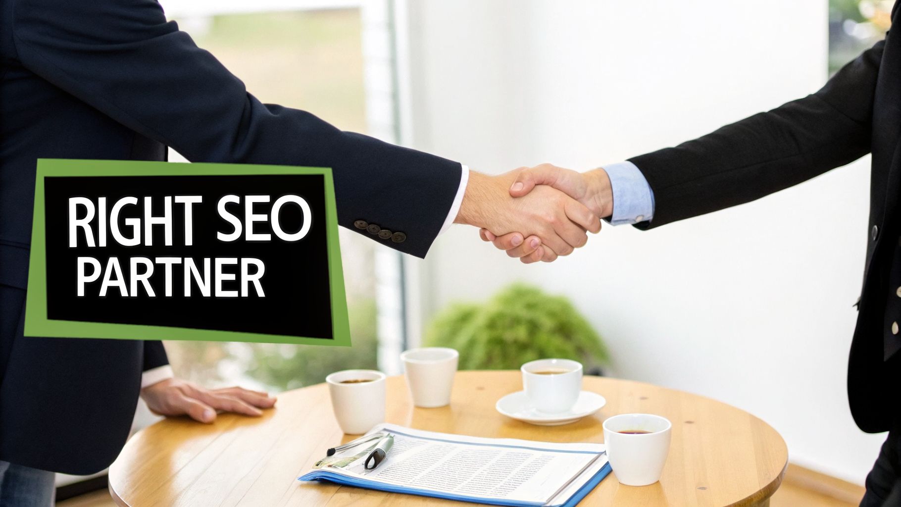 Two business professionals shaking hands over a table, with a 'RIGHT SEO PARTNER' text overlay.