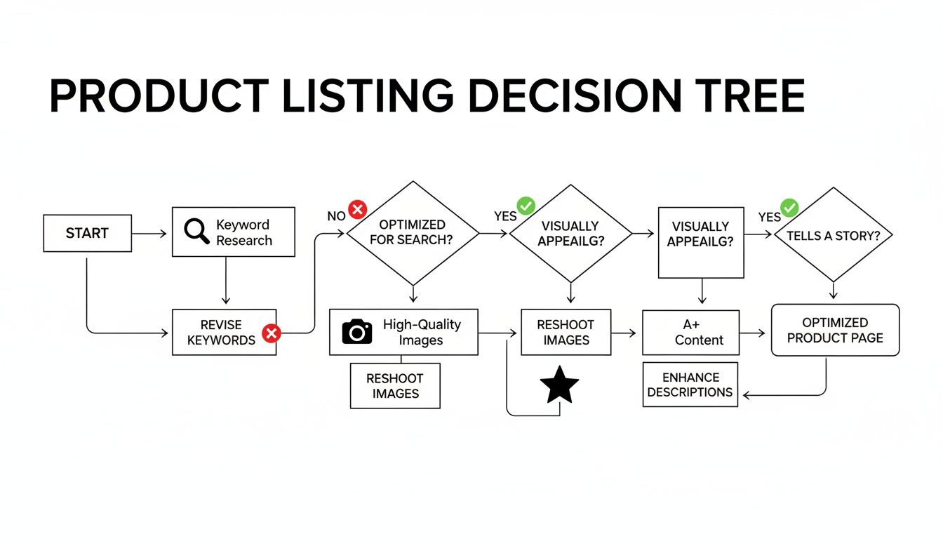 Flowchart detailing a product listing decision tree for optimizing search, visuals, and content.