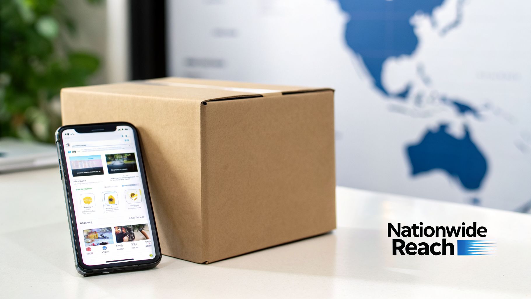 An iPhone displaying an e-commerce app next to a brown shipping box, with a blurred world map and 'Nationwide Reach' logo in the background.