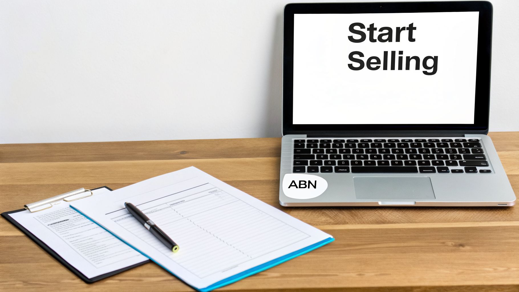 A laptop displaying 'Start Selling' next to an ABN sticker, with business documents and a pen on a wooden desk.