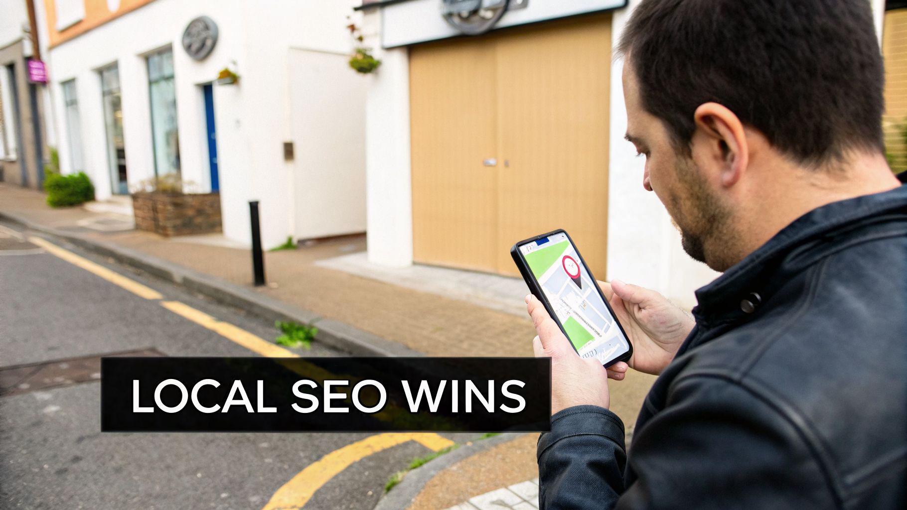 Man on a street looking at his phone displaying a map with a location pin, signifying local SEO wins.