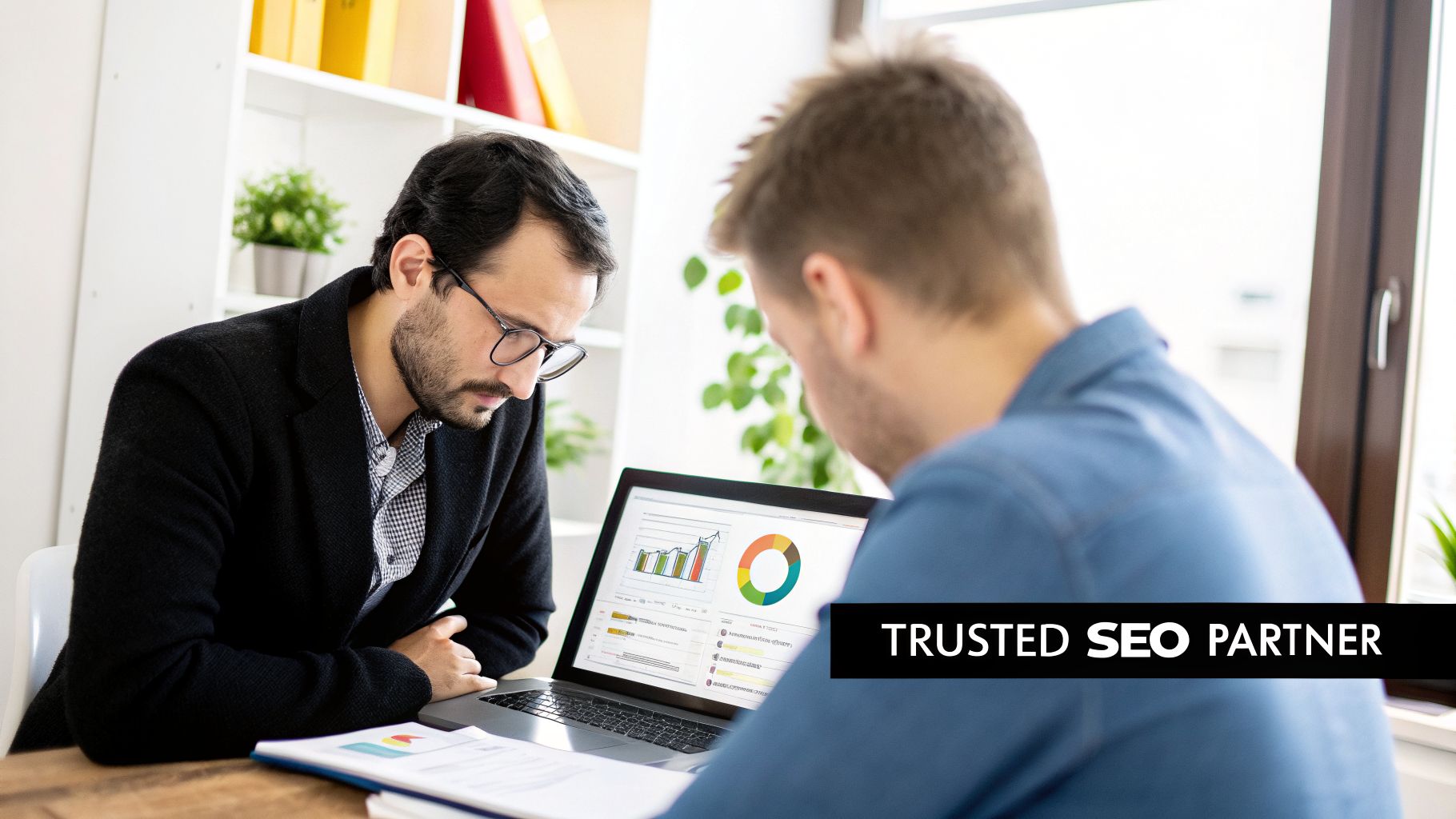Two professionals collaborate on SEO analytics, viewing charts and graphs on a laptop screen.