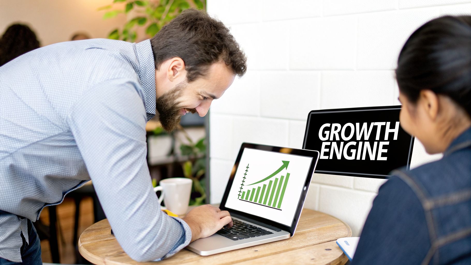 Smiling man views a growth chart on his laptop, next to a monitor displaying 'GROWTH ENGINE'.