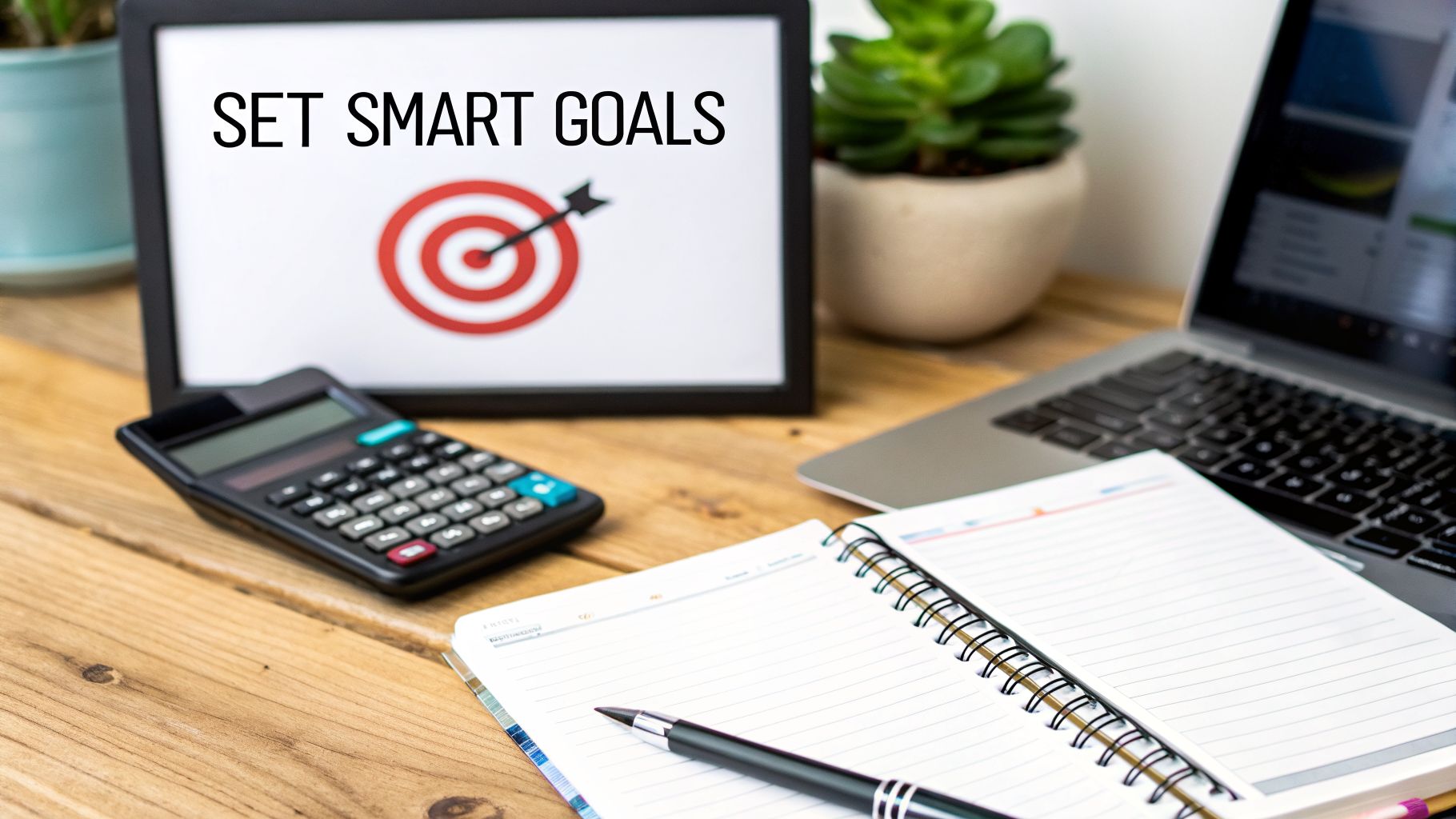 A desk setup featuring a 'SET SMART GOALS' sign with a target, a calculator, laptop, and notebook.