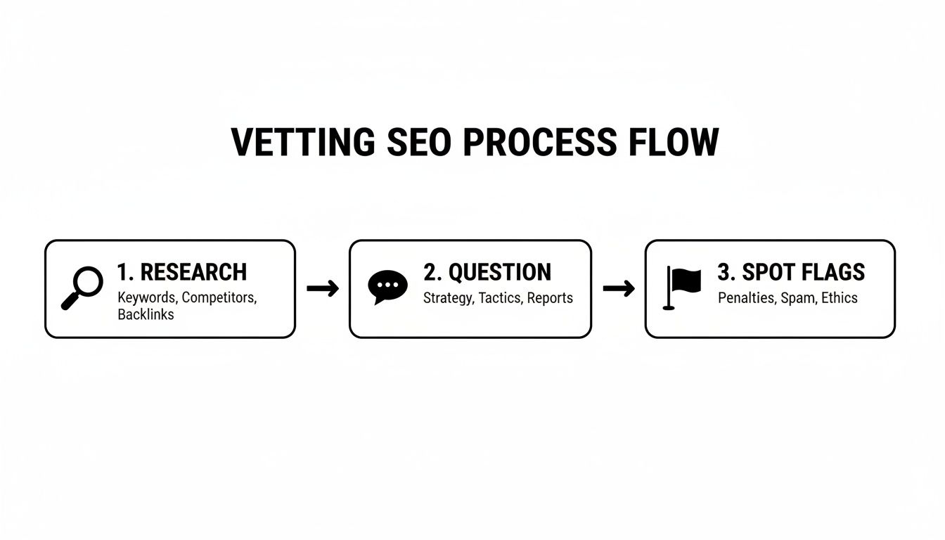 A flowchart illustrating the three-step vetting SEO process: Research, Question, and Spot Flags.