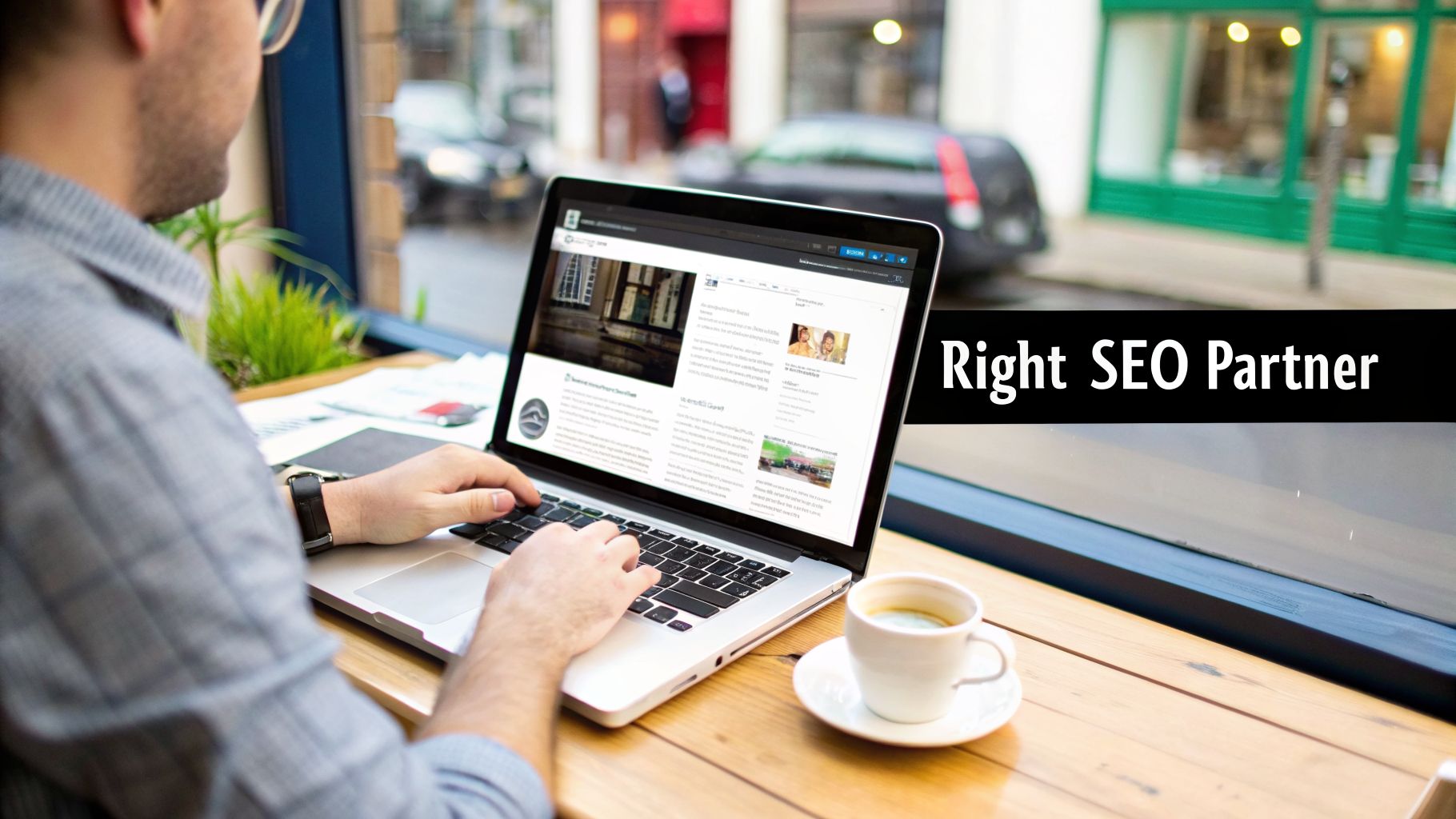 Man working on a laptop at a cafe with coffee, looking out a window. Text: Right SEO Partner.