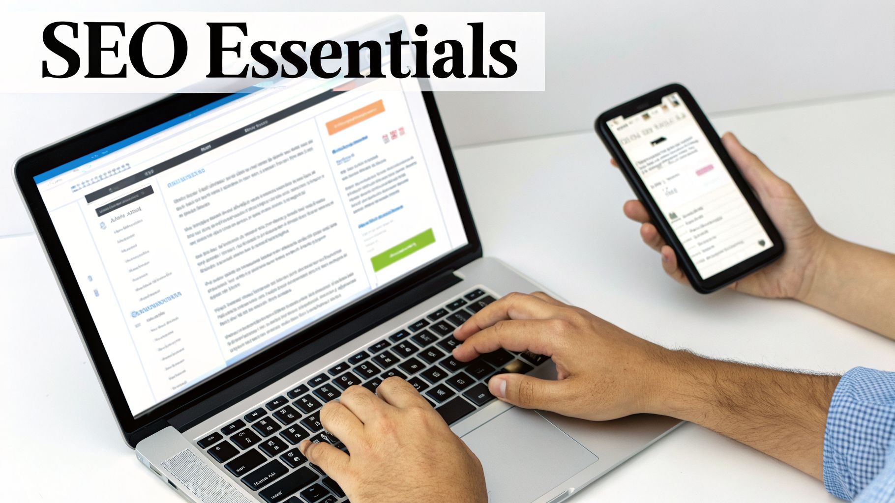 A person works on a laptop showing website content and holds a smartphone, with 'SEO Essentials' banner.