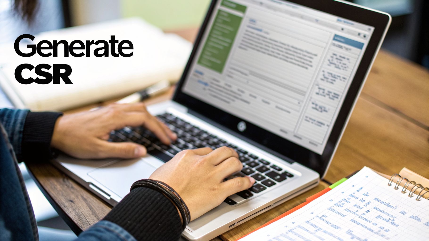 Person typing on a laptop at a wooden desk, generating a Certificate Signing Request (CSR).