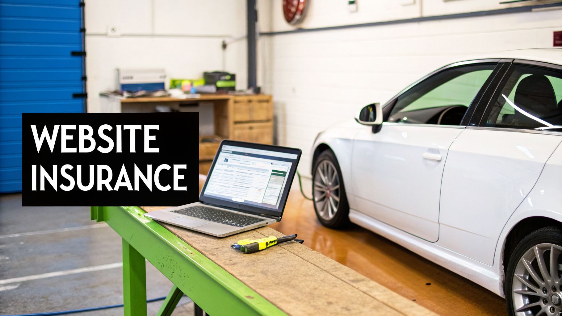 A laptop on a workbench in a garage with a white car, featuring a 'WEBSITE INSURANCE' text overlay.