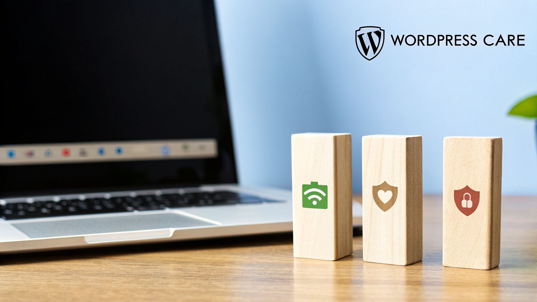 Wooden blocks with security, backup, and care icons, symbolizing WordPress website maintenance.
