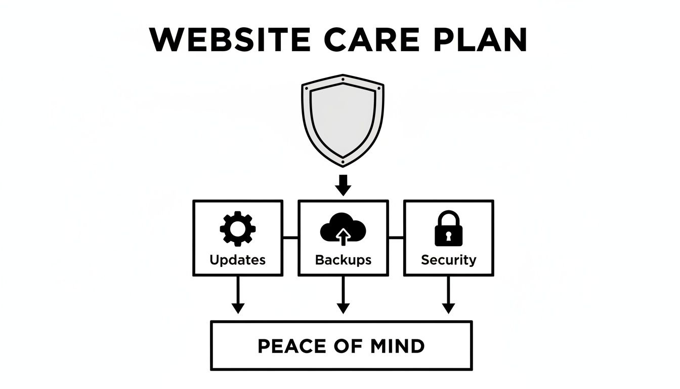 Diagram illustrating a website care plan with updates, backups, and security measures leading to peace of mind.