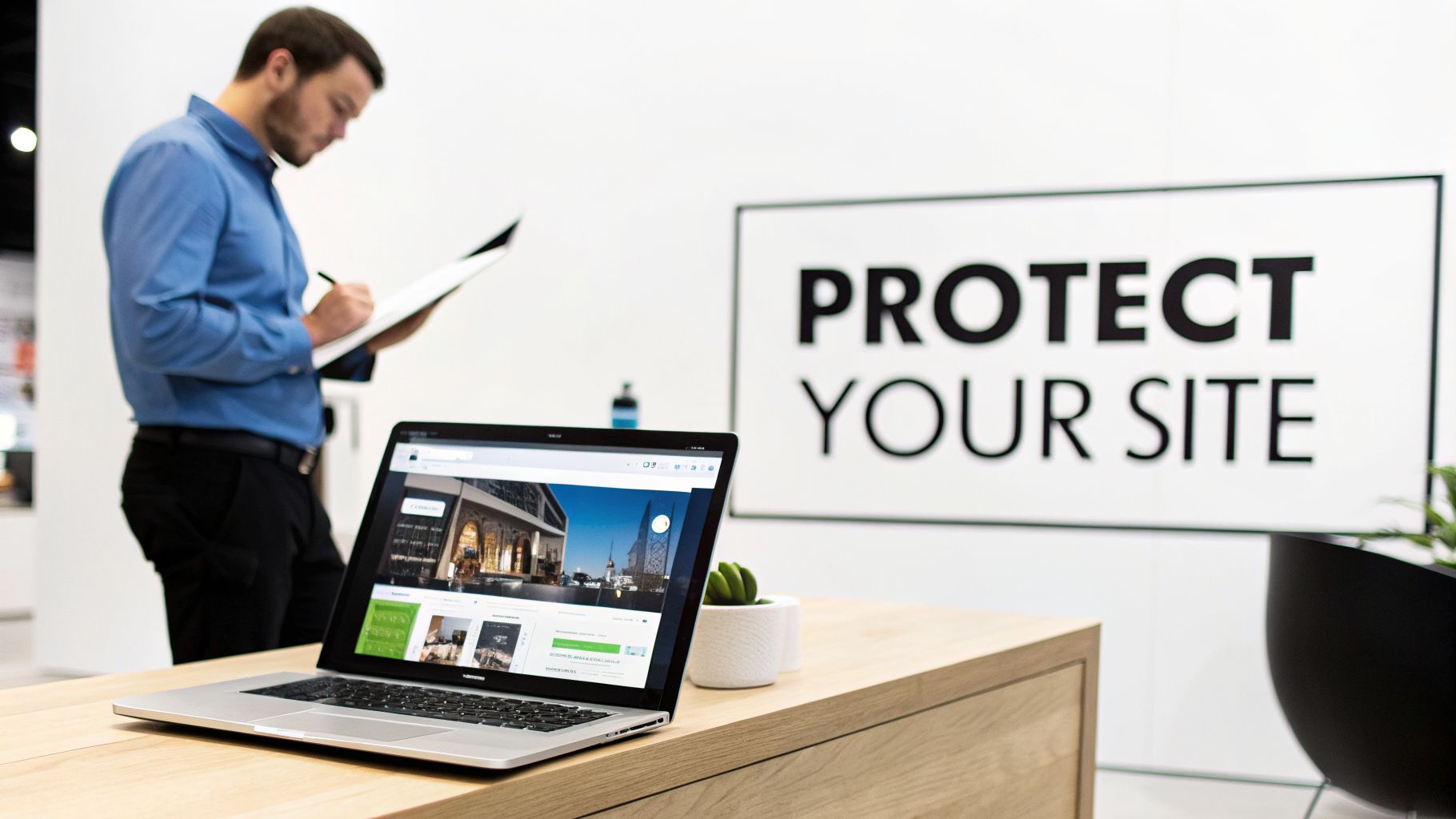 Man writing in an office with a laptop showing a website and a 'PROTECT YOUR SITE' sign.