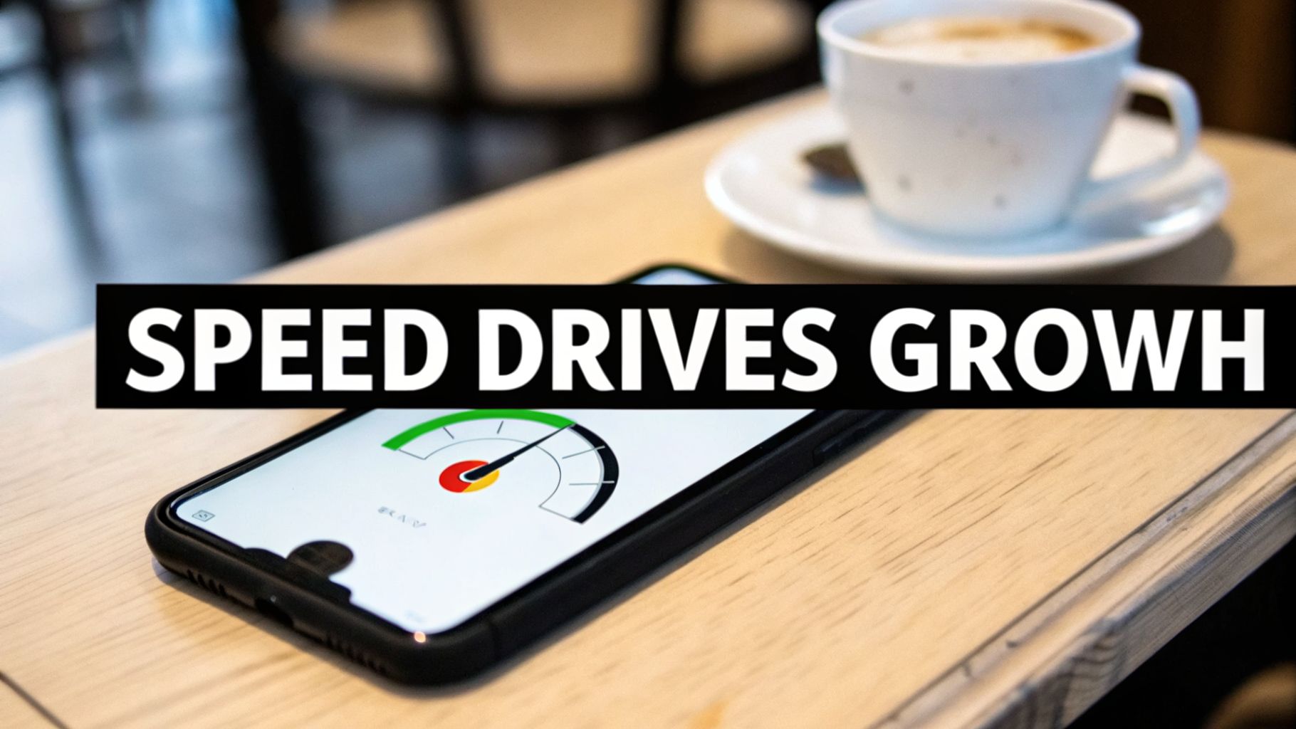 A smartphone showing a speed gauge on a wooden table with a coffee cup and the text 'SPEED DRIVES GROWTH'.