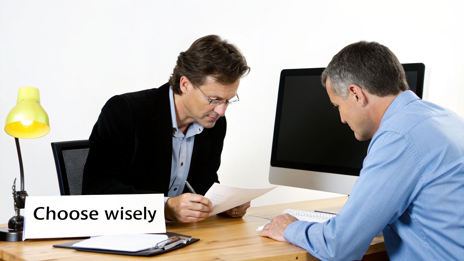 Two men discuss documents at a wooden desk during a business meeting with a 'Choose wisely' sign.