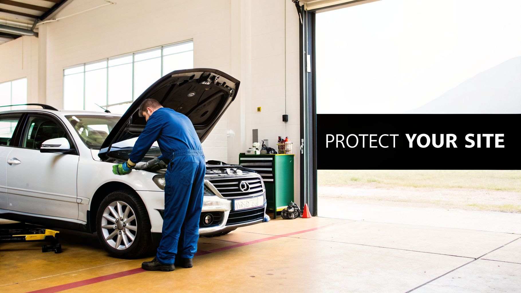 A mechanic in blue overalls working on a white car's engine inside a brightly lit garage.