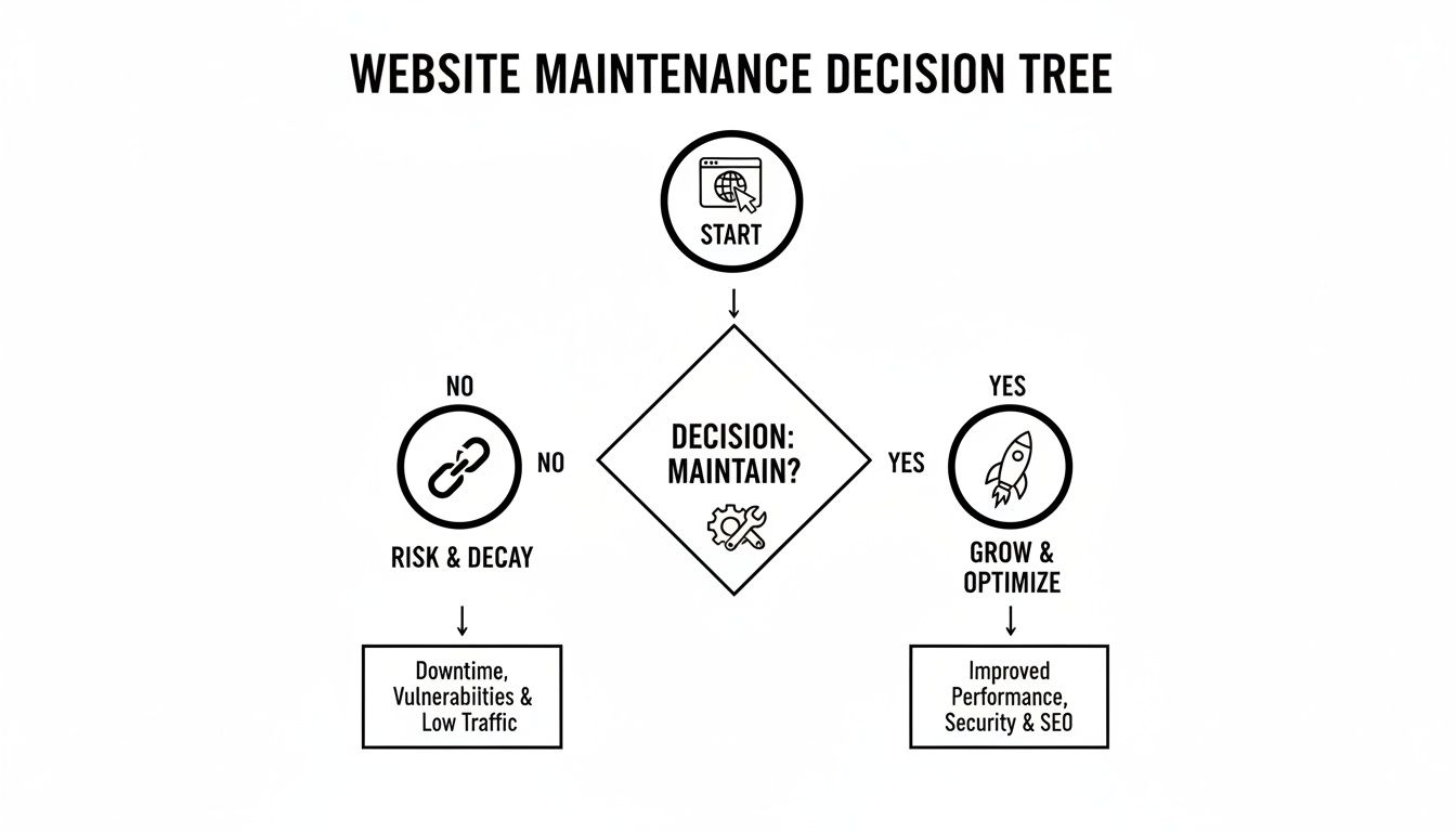 Website Maintenance Decision Tree diagram showing paths for 'maintain' and 'not maintain' outcomes.